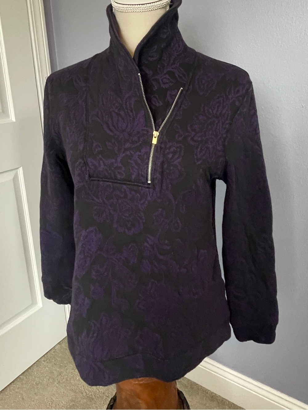 Croft & Barrow Black & Deep Purple Pattern Cowl Neck Quarter Zip Pullover PM